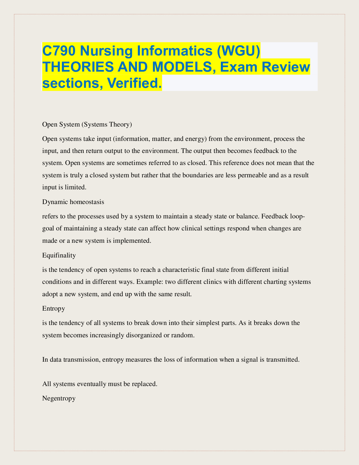 Preview of C790 Nursing Informatics (WGU)  THEORIES AND MODELS, Exam Review  sections, Verified.